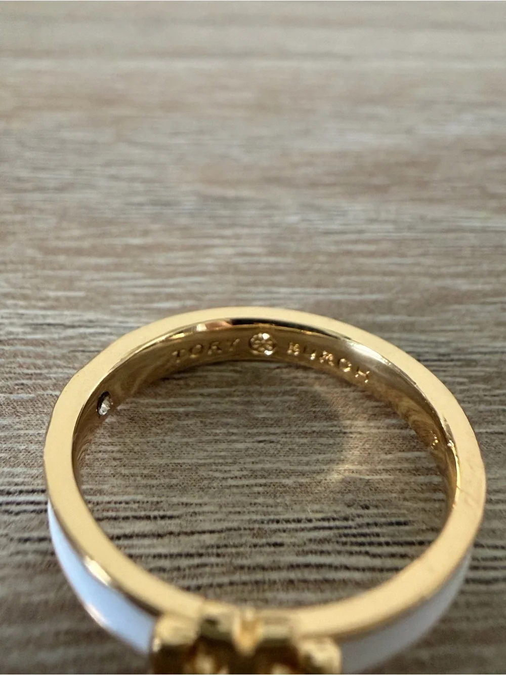 Tory Burch Gold-Tone White Enamel Double T Ring Size 7 New